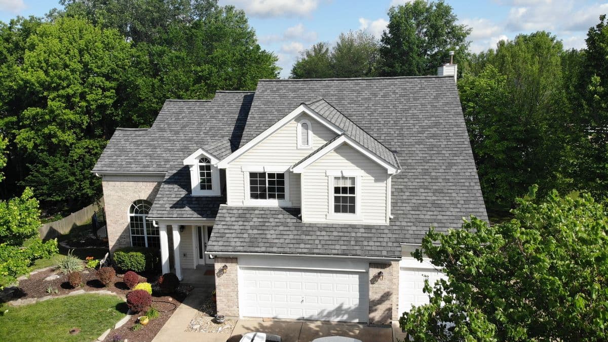 Aerial view of completed roof replacement in Chesterfield, MO