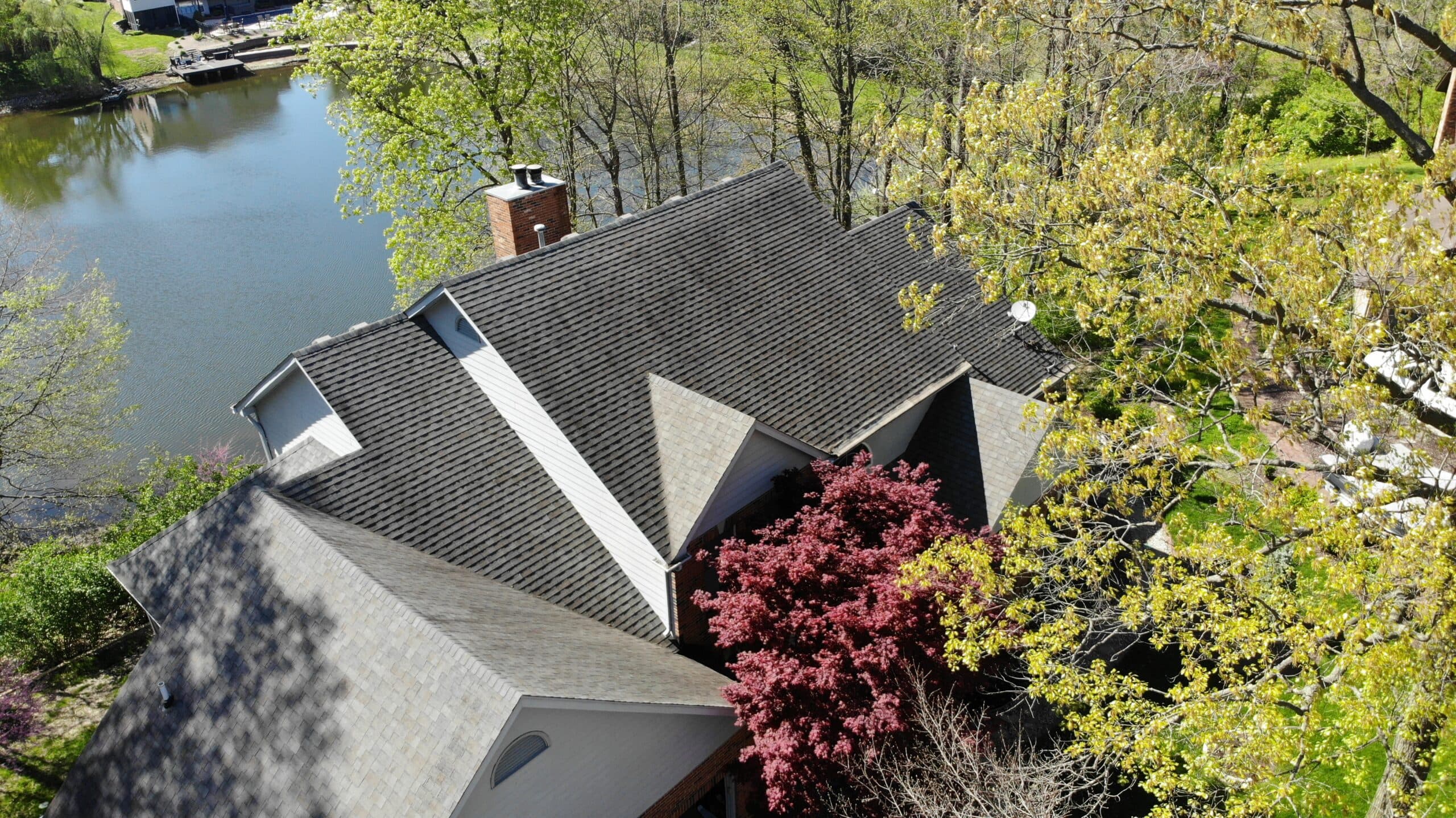 Drone shot of completed roofing project