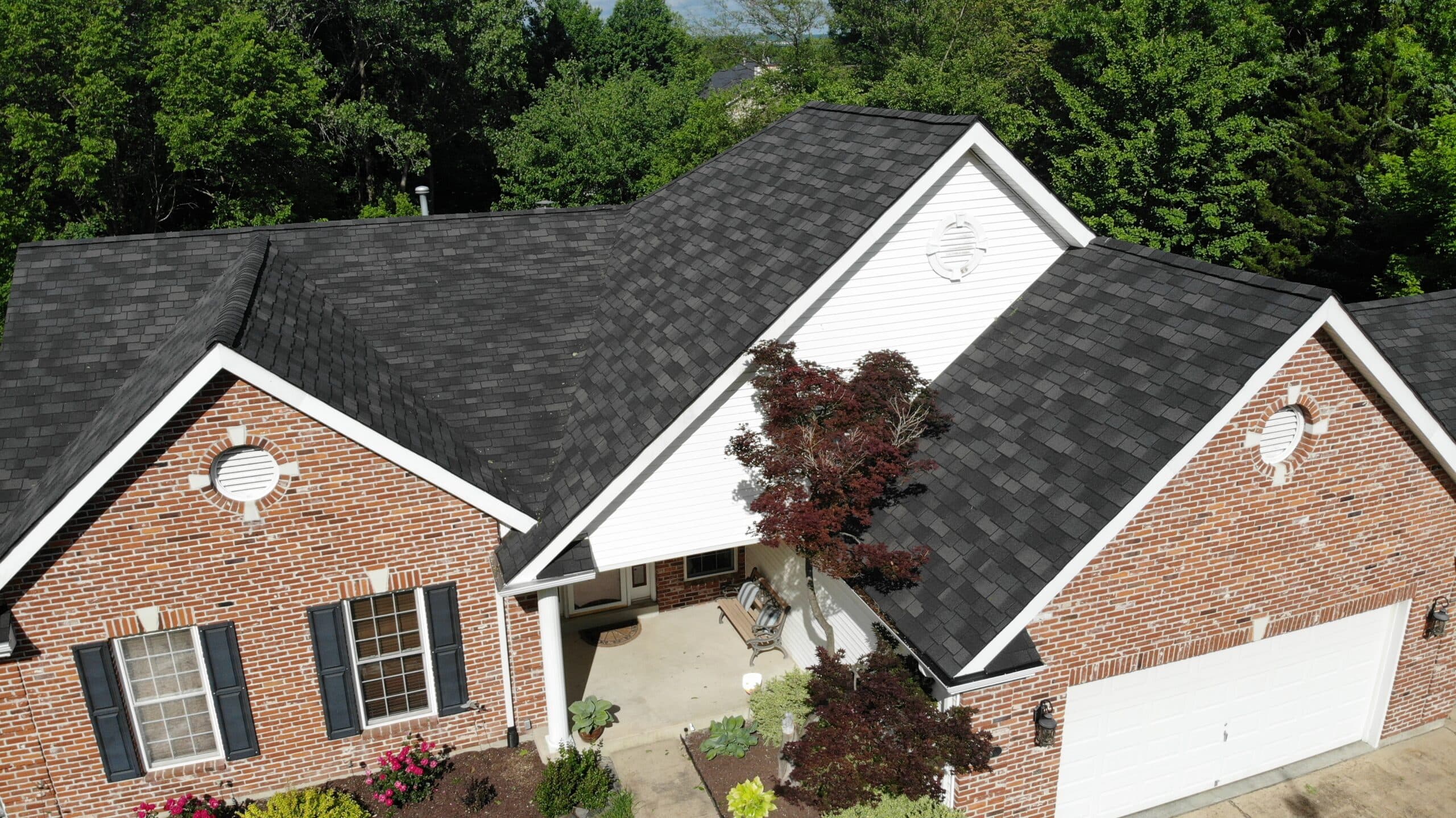 Aerial view of new asphalt shingle roof