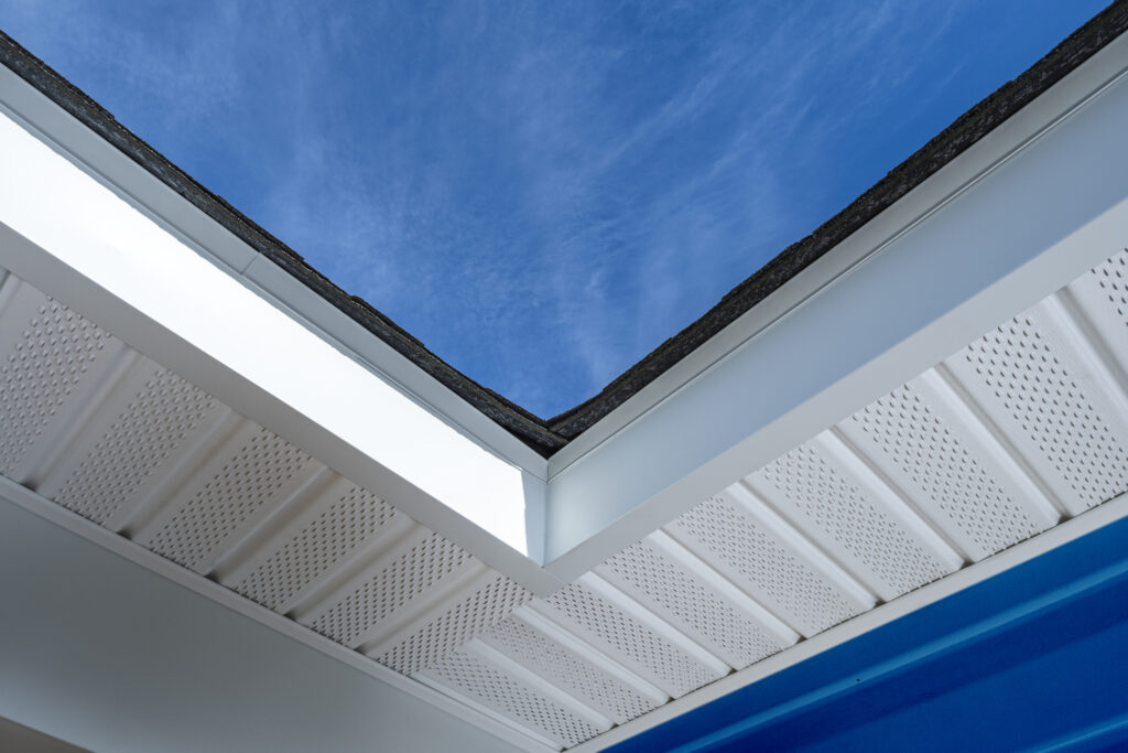 Looking up at newly installed aluminum fascia